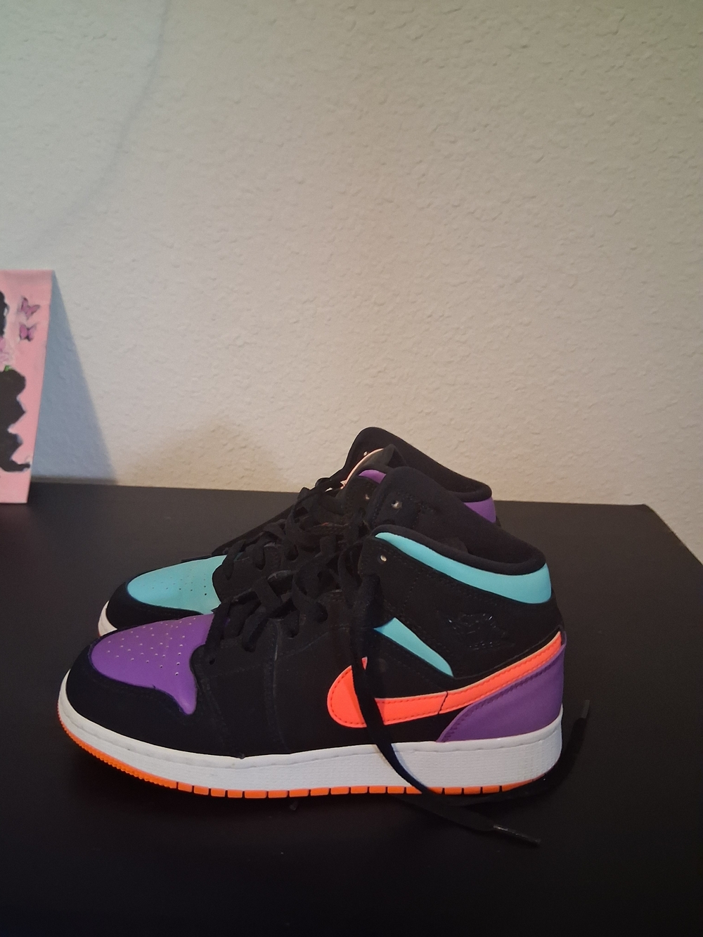 Nike Jordan 1 Kids' Mid-Top  Sneakers - Black with Orange, Teal & Purple Size 5Y - Picture 3 of 6